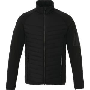 A black men's hybrid insulated jacket featuring a zip closure and side pockets, with a logo on the sleeve.