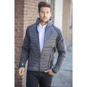 A men's Banff Hybrid Insulated Jacket in grey, featuring a zip front, high collar, and a logo on the sleeve.