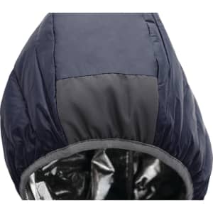 A navy puffer jacket with a hood, featuring a contrasting grey section at the top. It has an interior lining.