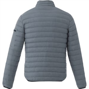 A men's puffer jacket in light grey with a quilted design and a logo on the sleeve.