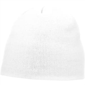 A white knit beanie with a simple design, featuring an unadorned texture and a small logo.