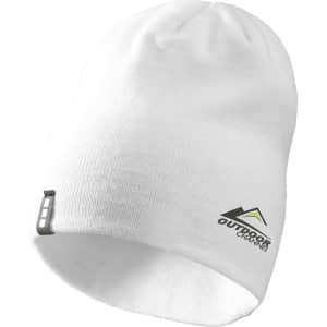 A white knit beanie with a logo on the front, designed for unisex wear.