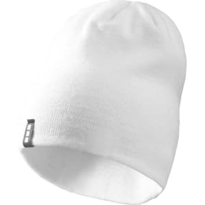 A white unisex knit beanie features a simple design and has a logo on the side.