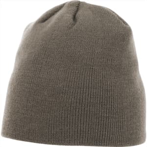 A unisex level knit beanie in a muted olive green colour, featuring a minimalistic design and a logo.
