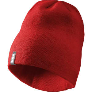 A red unisex knit beanie with a logo, featuring a classic design suitable for headwear.