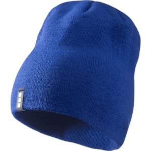 A blue unisex knit beanie, featuring a small logo on the side, showcasing a soft, textured fabric.