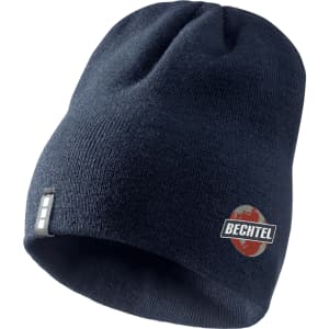 A navy knit beanie with a logo, suitable for unisex wear. The beanie is soft and fitted.