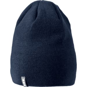 A unisex navy knit beanie with a subtle branding tag on the side, featuring a soft textured design.
