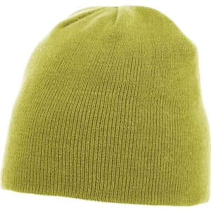 A unisex beanie in a bright green colour, featuring a simple knit design and a logo.