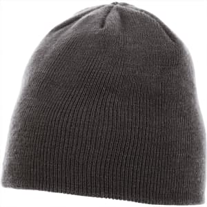A grey unisex knit beanie featuring a smooth texture and a simple design, with a logo on the side.