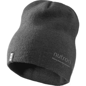 A grey unisex beanie with a logo, featuring a soft knitted texture.