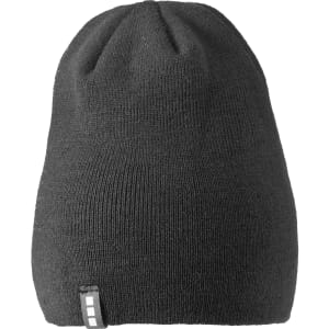 A grey knit beanie with a logo on the side, designed for unisex wear.