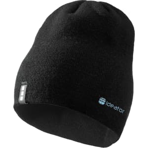 A black unisex knit beanie featuring a logo on the side, made from soft fabric.