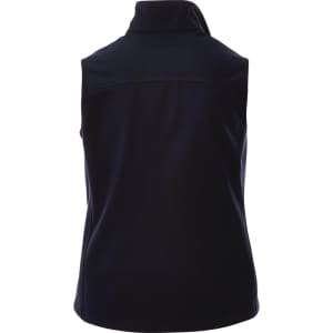 A navy softshell vest for women, featuring a high collar and a logo on the back.