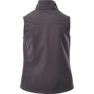 A grey women's softshell vest with a high collar and a smooth, fitted design, featuring a logo.