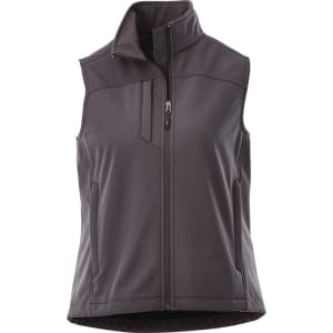 A women's softshell vest in dark grey with a high collar and zip front, featuring a logo on the side.