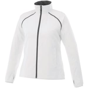 A women's packable rain jacket in white with black accents and a zippered front. It features a high collar and pockets.