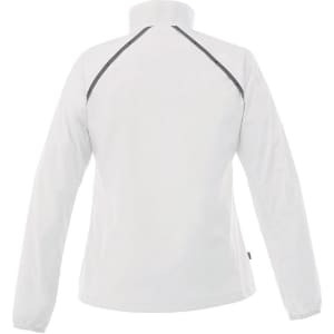 A women's packable rain jacket in white with a high collar and reflective detailing on the back.