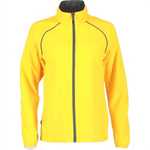 A women's packable rain jacket in vibrant yellow with grey accents and a high neckline, featuring a logo.