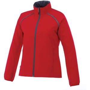 A red women's packable rain jacket features a zip front, high collar, and a logo.