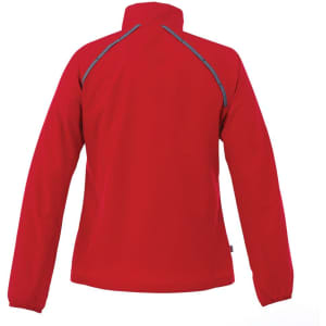 A red women's rain jacket with reflective accents, featuring a high collar and long sleeves. There is a logo present.