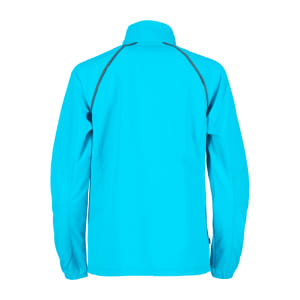 A blue women's rain jacket with a collar and long sleeves, featuring a logo on the back.