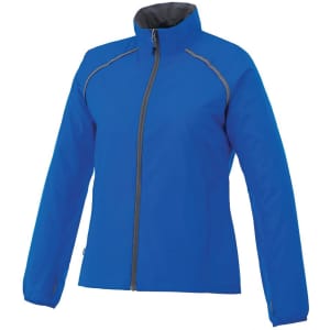 A vibrant blue women's packable rain jacket with a sleek design and zippered front. Features a logo.