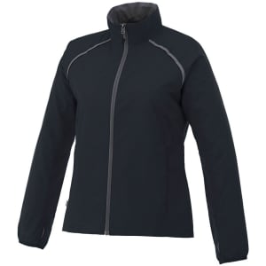 A women's packable jacket in black, featuring a zip front, long sleeves, and reflective accents. Includes a logo.