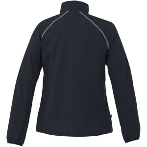 A women's packable rain jacket in black, featuring a simple design and reflective detailing on the back.