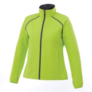 A bright lime green women's packable rain jacket with a zip front and a black collar, featuring a logo.