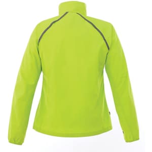 A bright lime green women's rain jacket featuring a high collar and reflective detailing on the back.