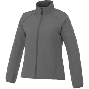 A women's packable rain jacket in grey with a zip front, featuring a collar and elastic cuffs. Includes a logo.
