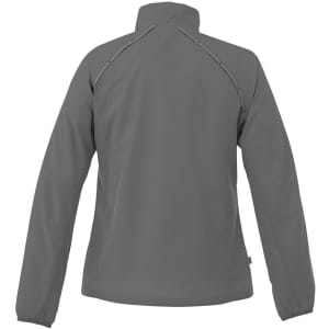 A grey women's packable rain jacket featuring a high collar and long sleeves, with a logo on the back.