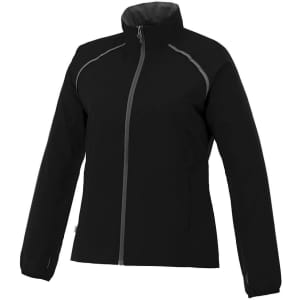 A women's packable jacket in black with grey accents, featuring a full zip and a high collar.