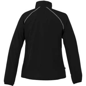 A black women's rain jacket with long sleeves and reflective detailing on the back. It features a high collar and a logo.