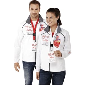 A white packable jacket for women with a grey collar, featuring a logo and a model holding a flyer.