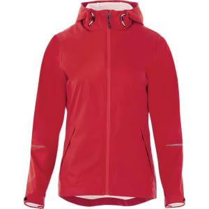 A red women's rain jacket with a zip front, hood, and reflective detailing. It features a logo on the chest.