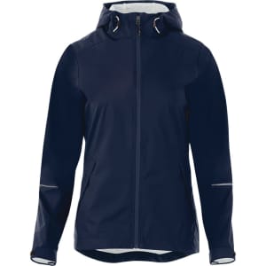 A women's rain jacket in navy blue with a hood, featuring zippers and reflective trim. It includes a brand logo.