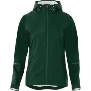 A green women's rain jacket featuring a hood, zip closure, and reflective detailing. The jacket has a logo on it.
