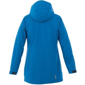 A women's rain jacket in bright blue, featuring a hood and a logo on the back.