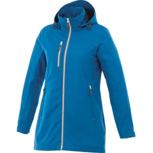 A women's rain jacket in vibrant blue, featuring a zip front and a hood. The jacket has a logo on it.