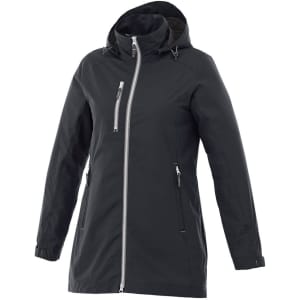 A women's rain jacket in black with a hood and zippered pockets, featuring a sleek design and a logo.