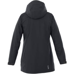 A women's rain jacket in black with a hood, featuring a logo on the back.