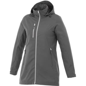 A women's rain jacket in grey with a hood and zippered pockets, featuring a sleek design and a branding logo.
