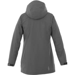 A women's rain jacket in grey with a hood and adjustable cuffs, featuring a logo on the back.