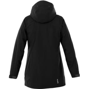 A black women's rain jacket featuring a hood and a logo on the back.