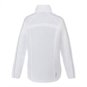 A white women's rain jacket with a collar, featuring a minimalist design and reflective detailing.
