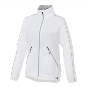 A women's packable rain jacket in white with contrasting grey trim and a zippered front and pockets.