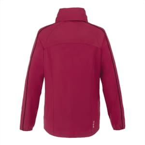 A red women's packable rain jacket with a high collar and contrasting seams. It features a brand logo.