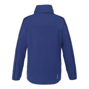 A blue women's rain jacket featuring a high collar, side panel details, and a logo.